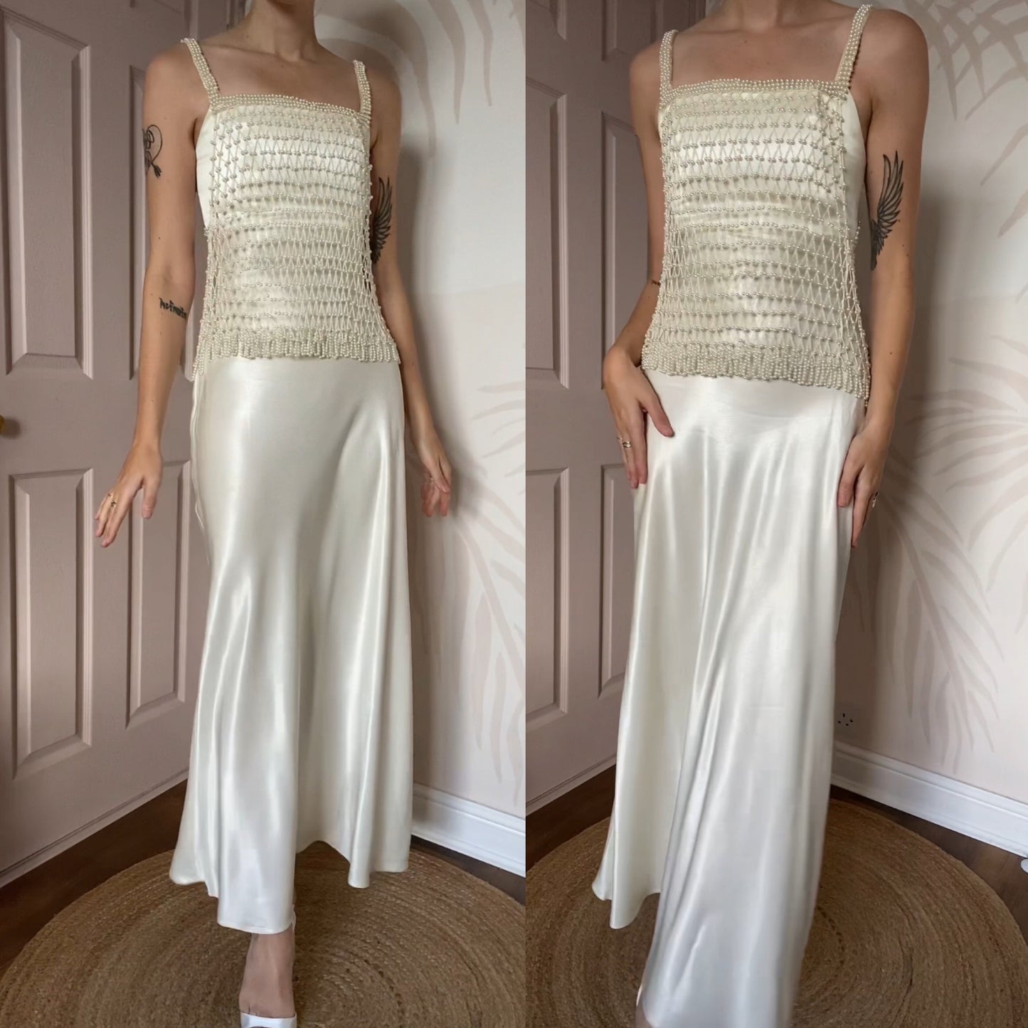 White silky wedding dress with pearl mesh overlay UK 8