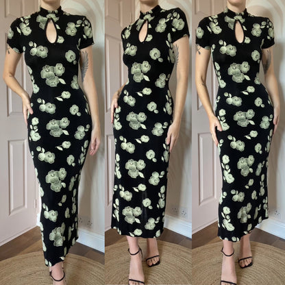 Black stretch high neck short sleeve dress UK 10