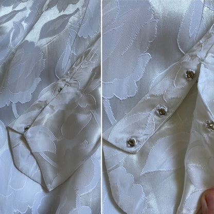 70s white damask floral long sleeve wedding dress uk 8-10