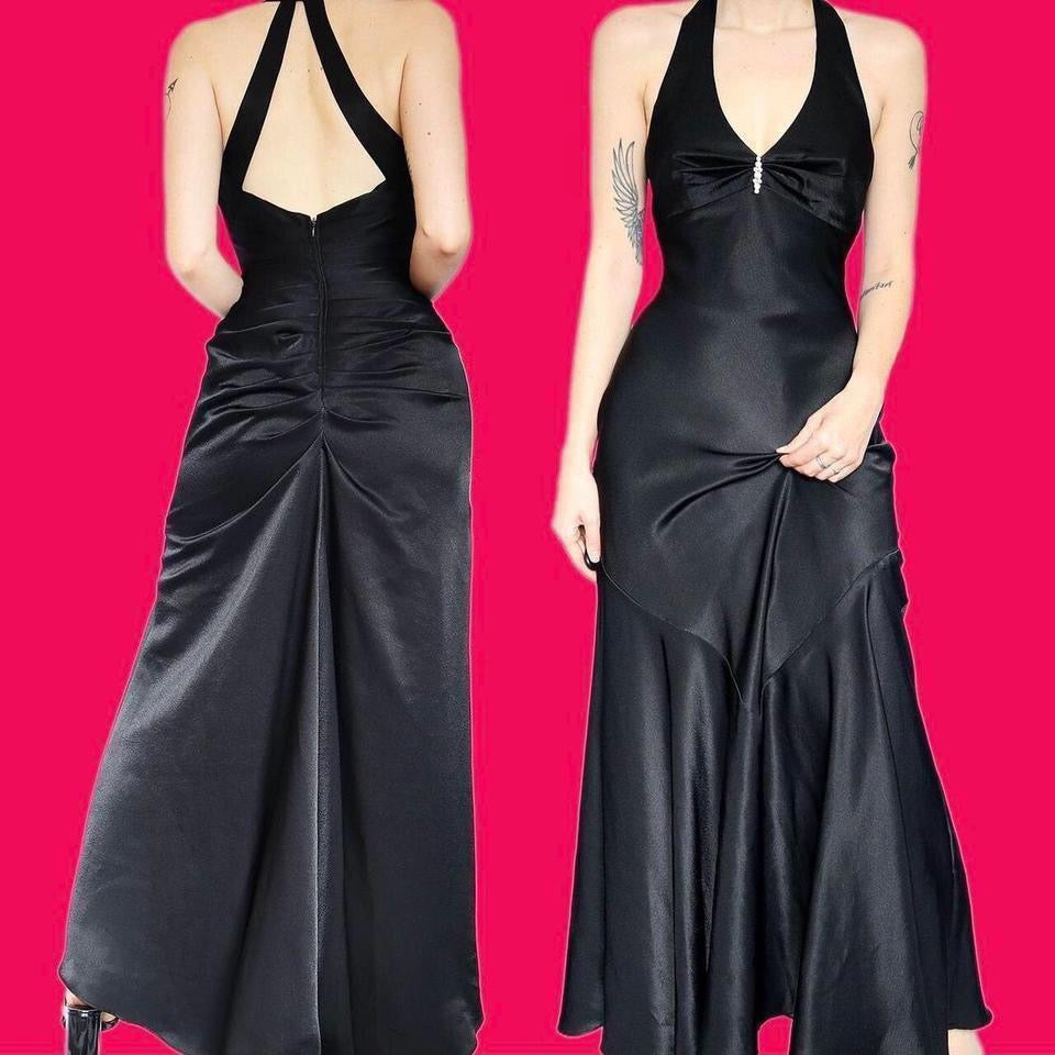 Flori black silky fishtail evening dress UK 10