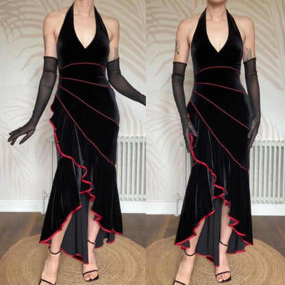 Vintage Niki Livas black velvet halter neck gown UK 12 & 14
