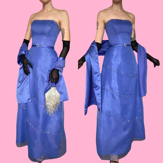 Cornflower blue Hilary Morgan layered prom dress & shawl uk 12