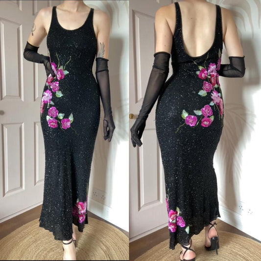 Black Aftershock heavily beaded evening dress UK 12
