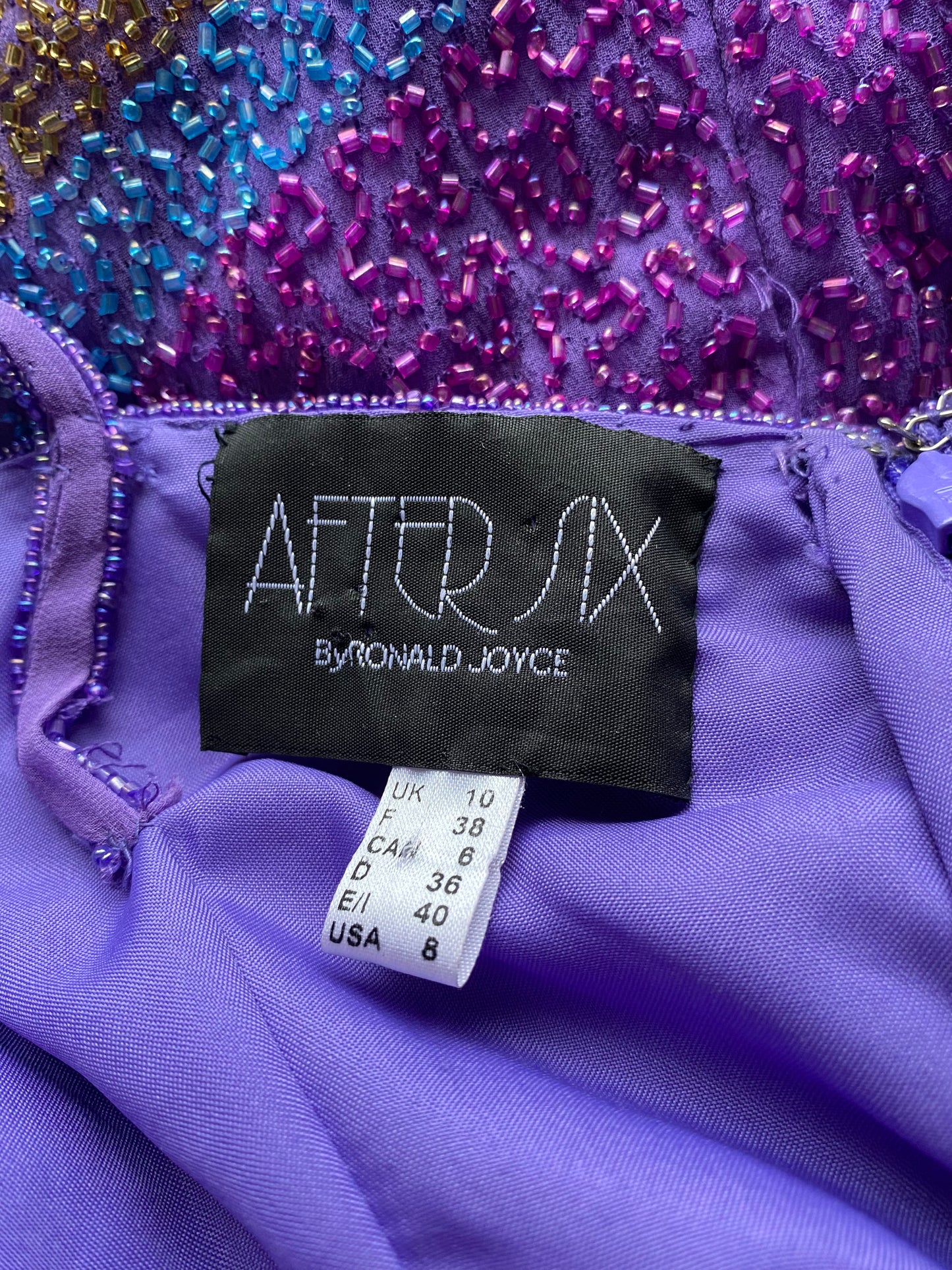 After six purple 100% silk beaded evening dress UK 10