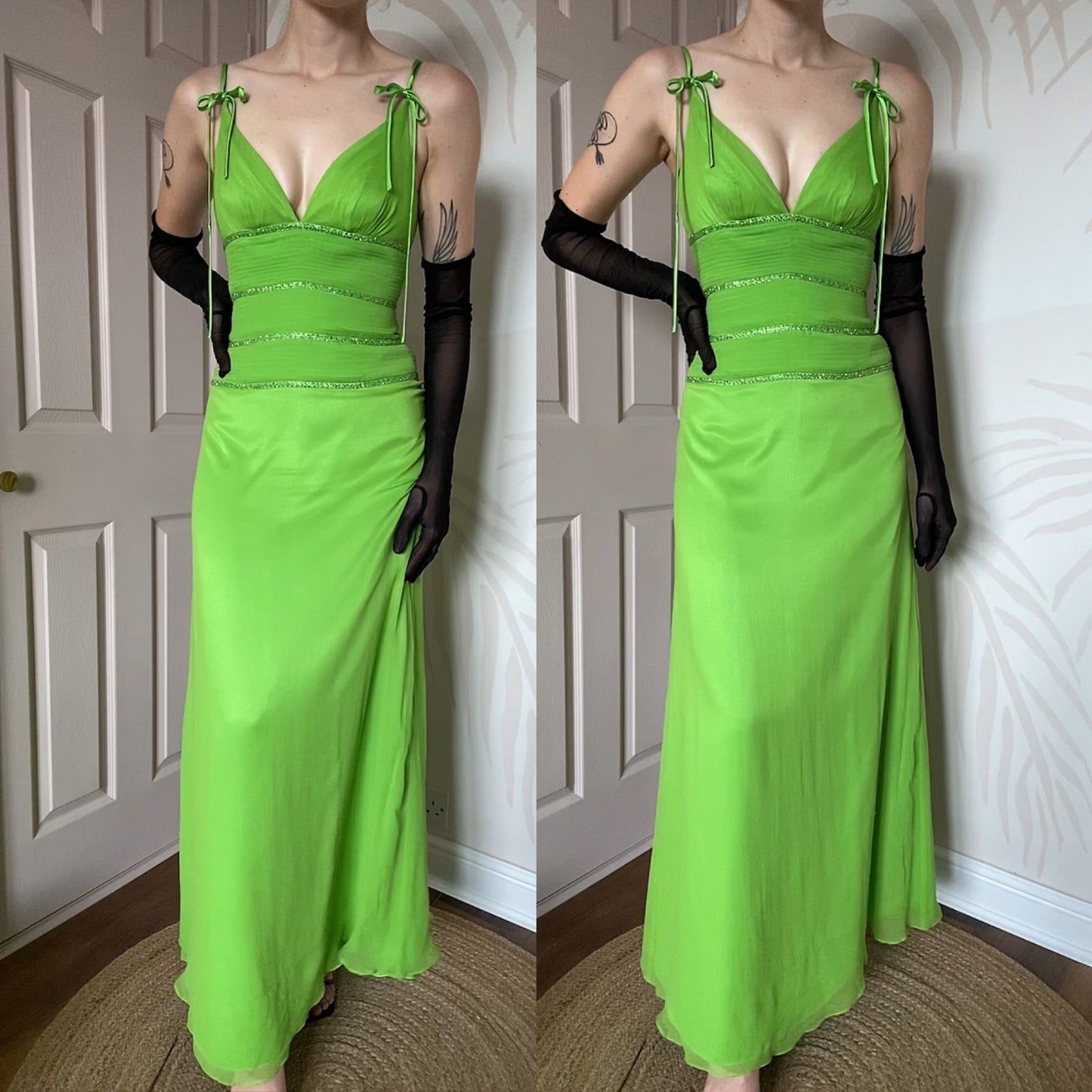 Bright green beaded evening dress UK 8