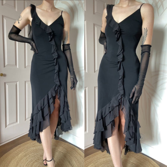 Black Frilly Silk Blend Evening Dress UK 10 & 16