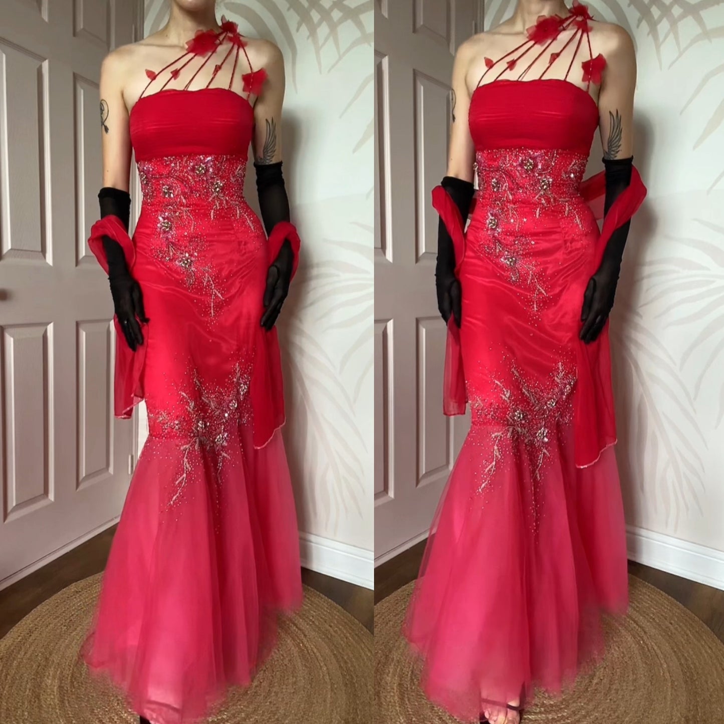 Red YVE London fishtail beaded evening dress & shawl UK 12