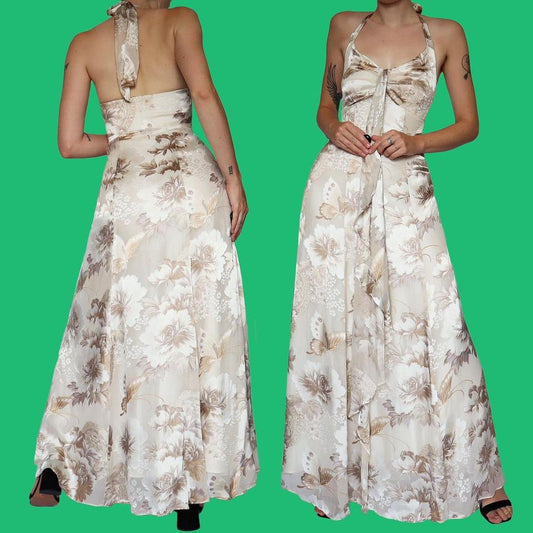 Monsoon silk blend cream halterneck evening dress UK 14