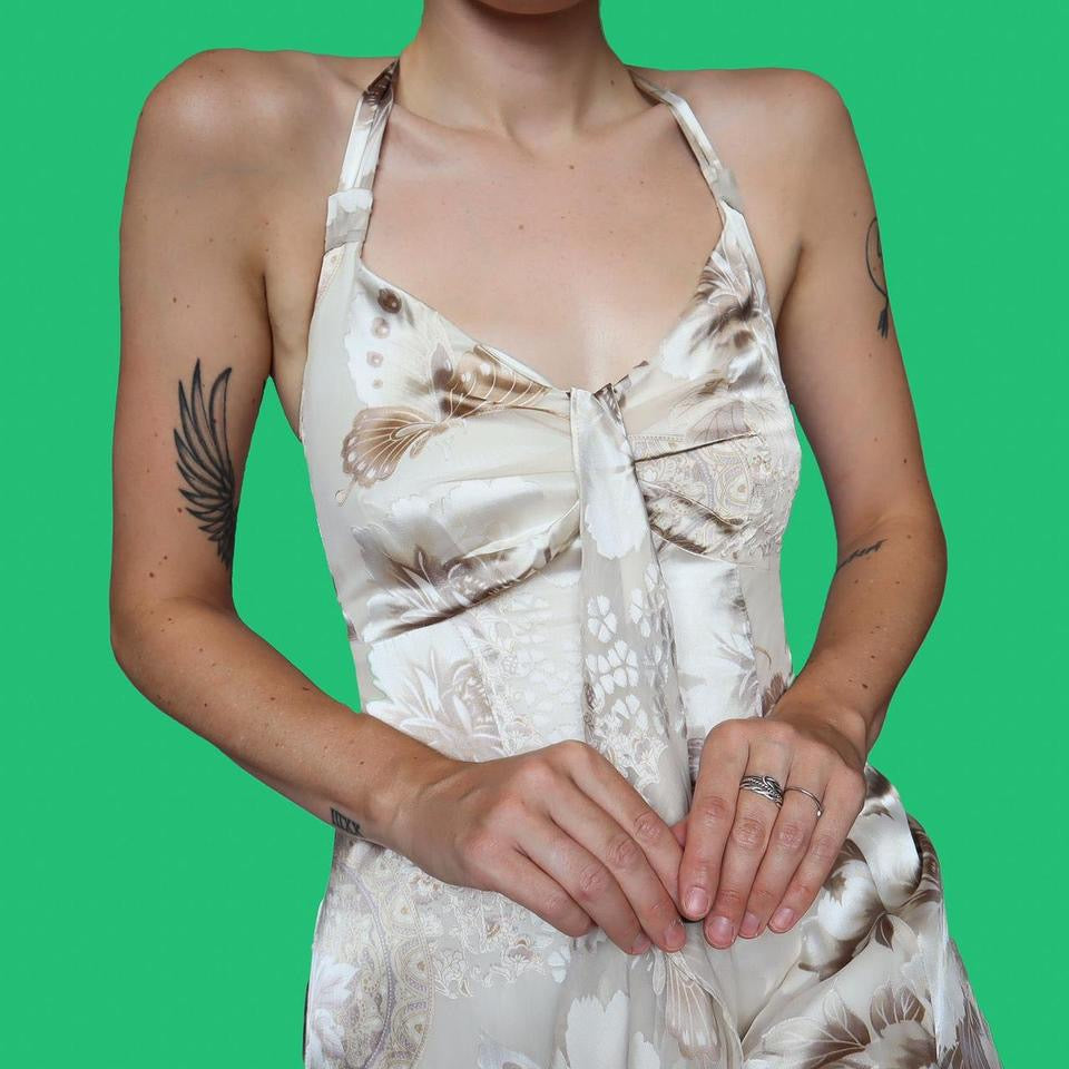 Monsoon silk blend cream halterneck evening dress UK 14