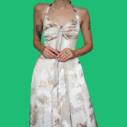 Monsoon silk blend cream halterneck evening dress UK 14