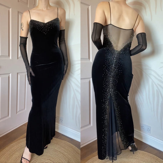 Black 90s Dave & Johnny velvet beaded stretch evening dress UK 8-10