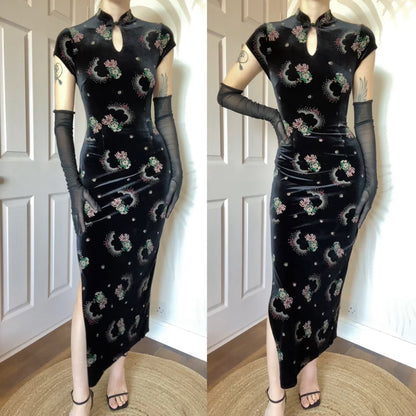 Black velvet print short sleeve dress UK 10 & UK 16