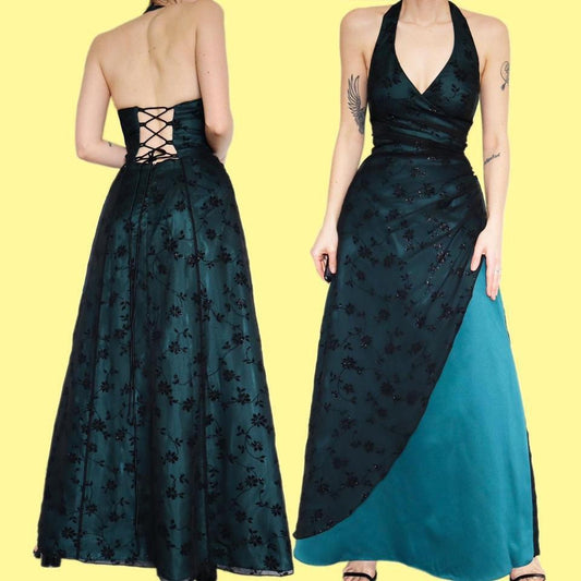 Morgan & Co teal halter neck evening dress UK 10