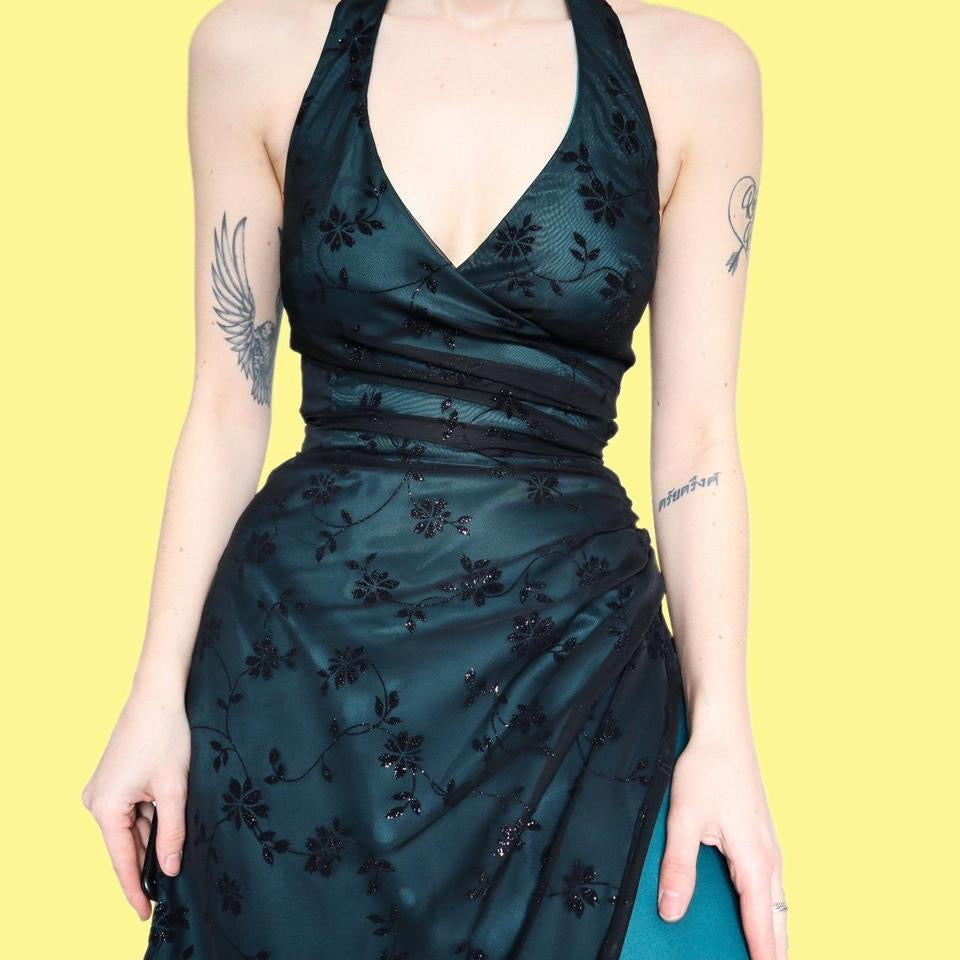 Morgan & Co teal halter neck evening dress UK 10