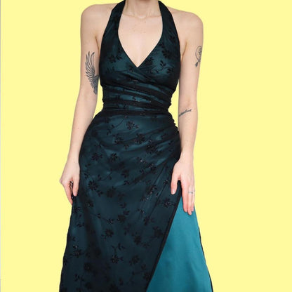 Morgan & Co teal halter neck evening dress UK 10