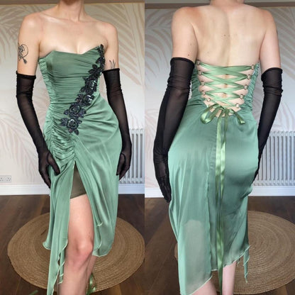 Green Charas Strapless Lace Up Midi Dress UK 10