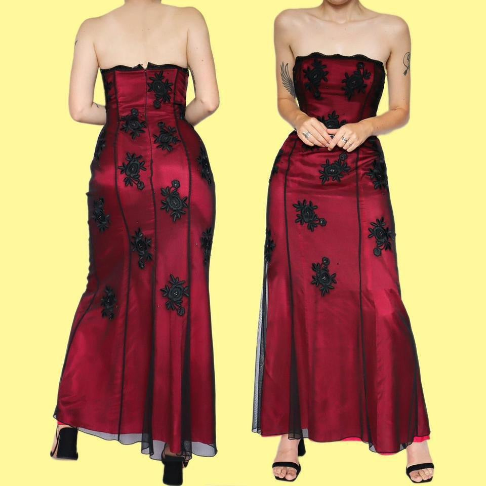 Morgan & Co strapless red & black lace evening dress UK 12