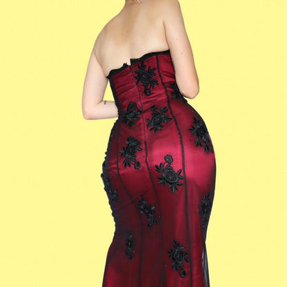 Morgan & Co strapless red & black lace evening dress UK 12