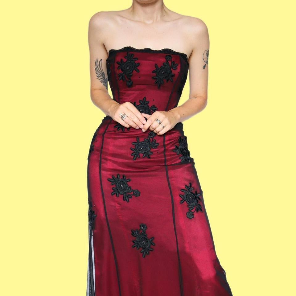 Morgan & Co strapless red & black lace evening dress UK 12