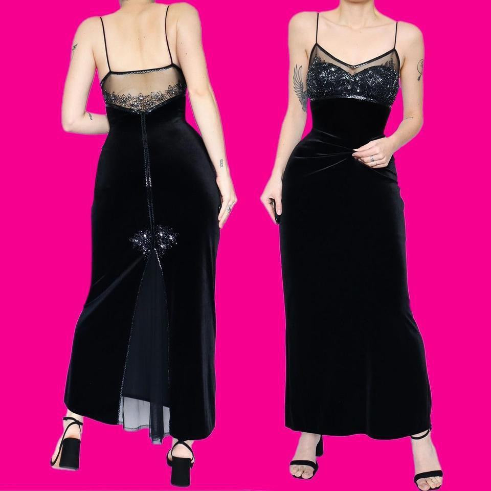 Black Dave & Johnny velvet beaded evening dress UK 12