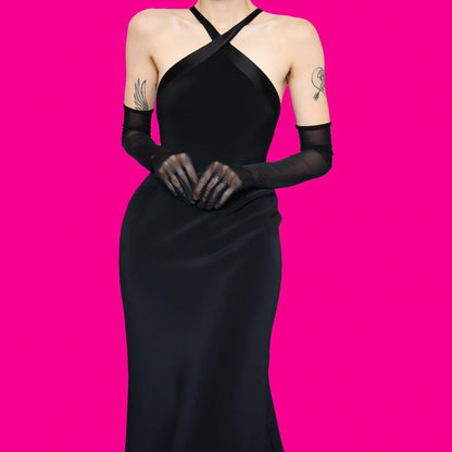 Chic black high neck evening dress UK 12