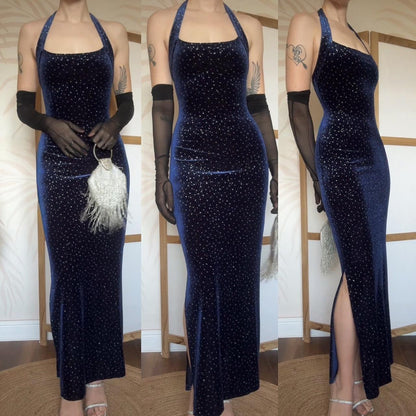 Navy velvet stretch halter neck evening dress uk 10
