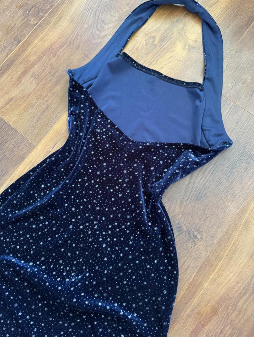Navy velvet stretch halter neck evening dress uk 10