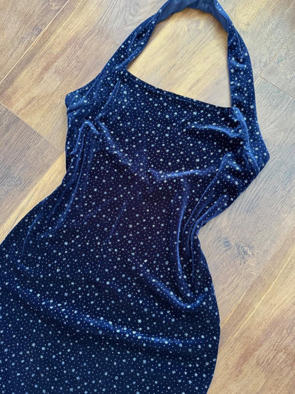 Navy velvet stretch halter neck evening dress uk 10