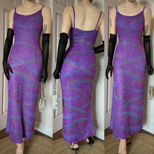 After six purple 100% silk beaded evening dress UK 10