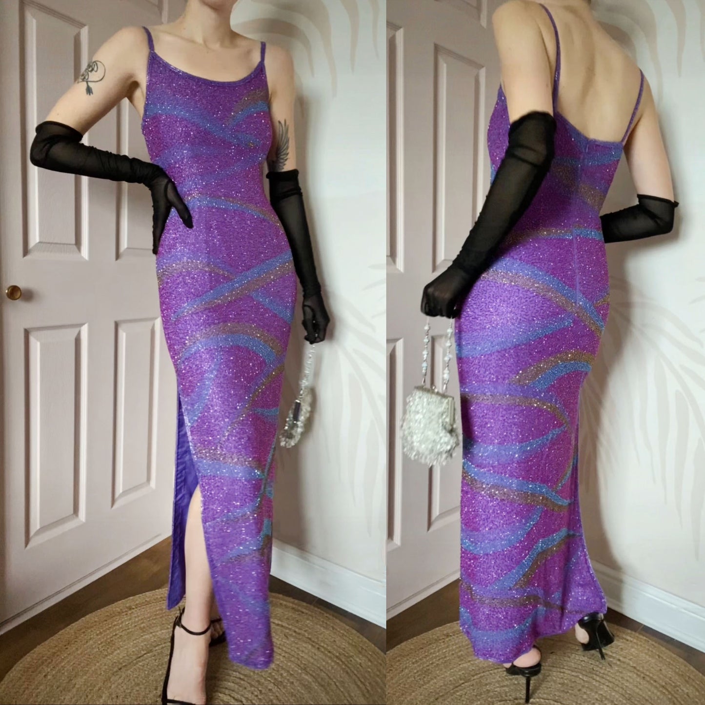 After six purple 100% silk beaded evening dress UK 10