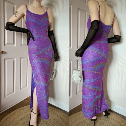 After six purple 100% silk beaded evening dress UK 10