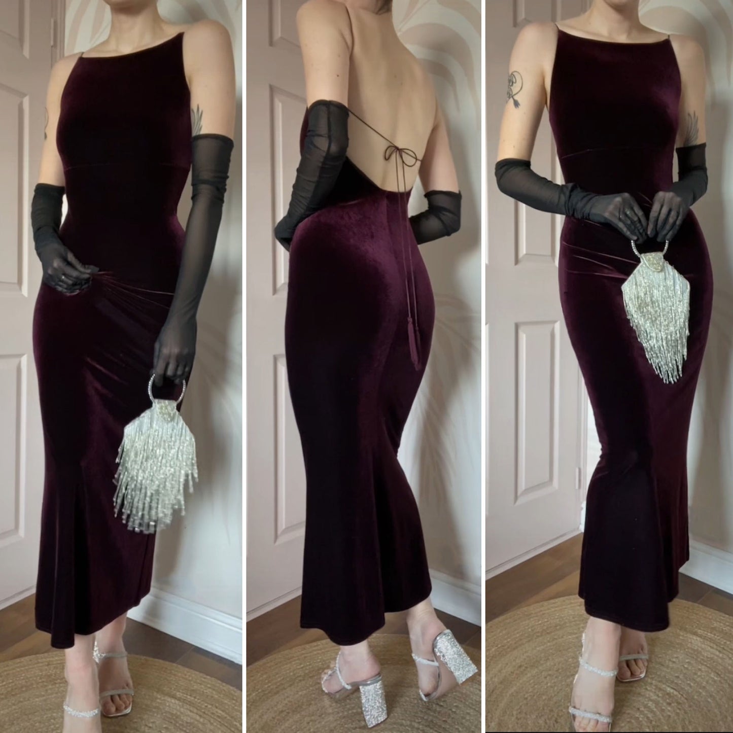 Burgundy petite velvet stretch evening dress UK 10