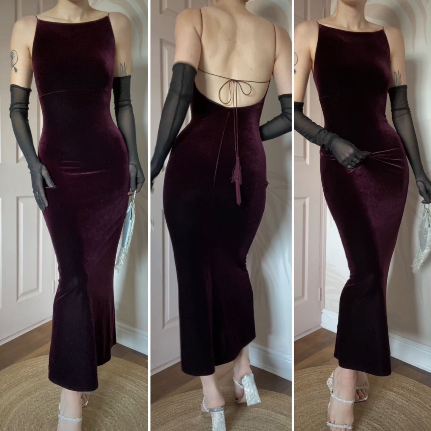 Burgundy petite velvet stretch evening dress UK 10