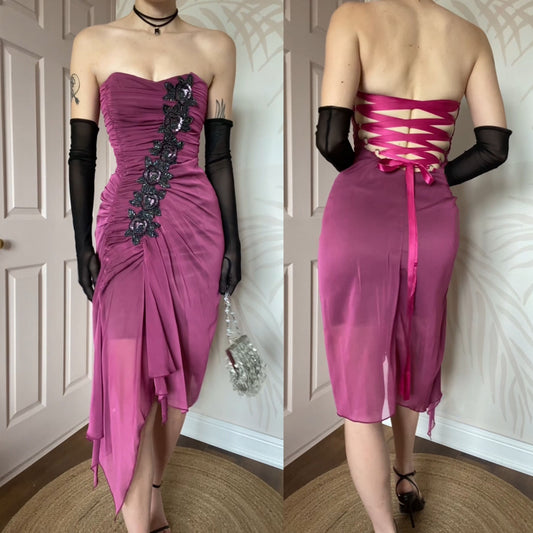 Dark pink Charas strapless midi dress size UK 8