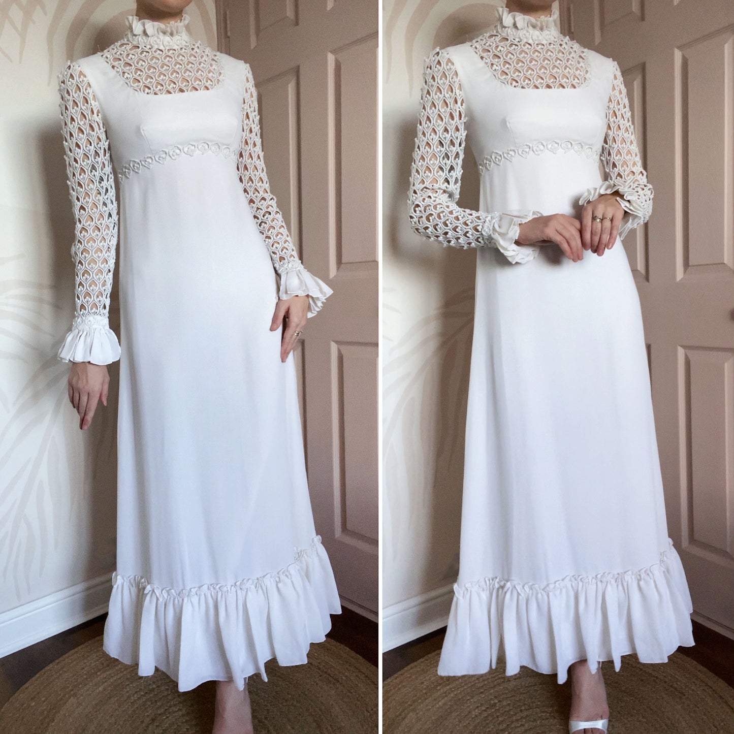 70s long sleeve crochet wedding dress UK 10