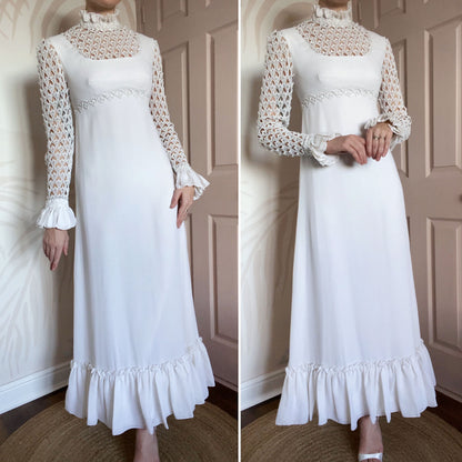 70s long sleeve crochet wedding dress UK 10