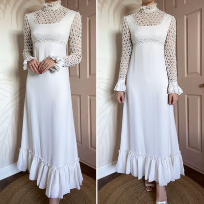 70s long sleeve crochet wedding dress UK 10