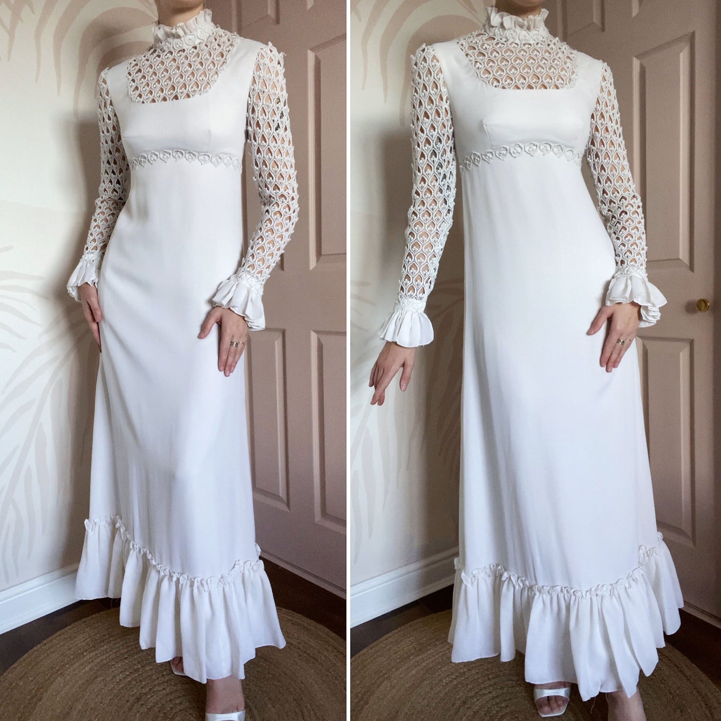70s long sleeve crochet wedding dress UK 10