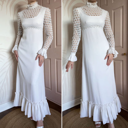 70s long sleeve crochet wedding dress UK 10