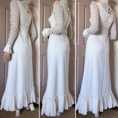 70s long sleeve crochet wedding dress UK 10