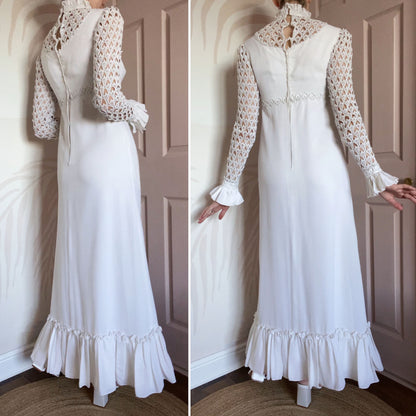 70s long sleeve crochet wedding dress UK 10