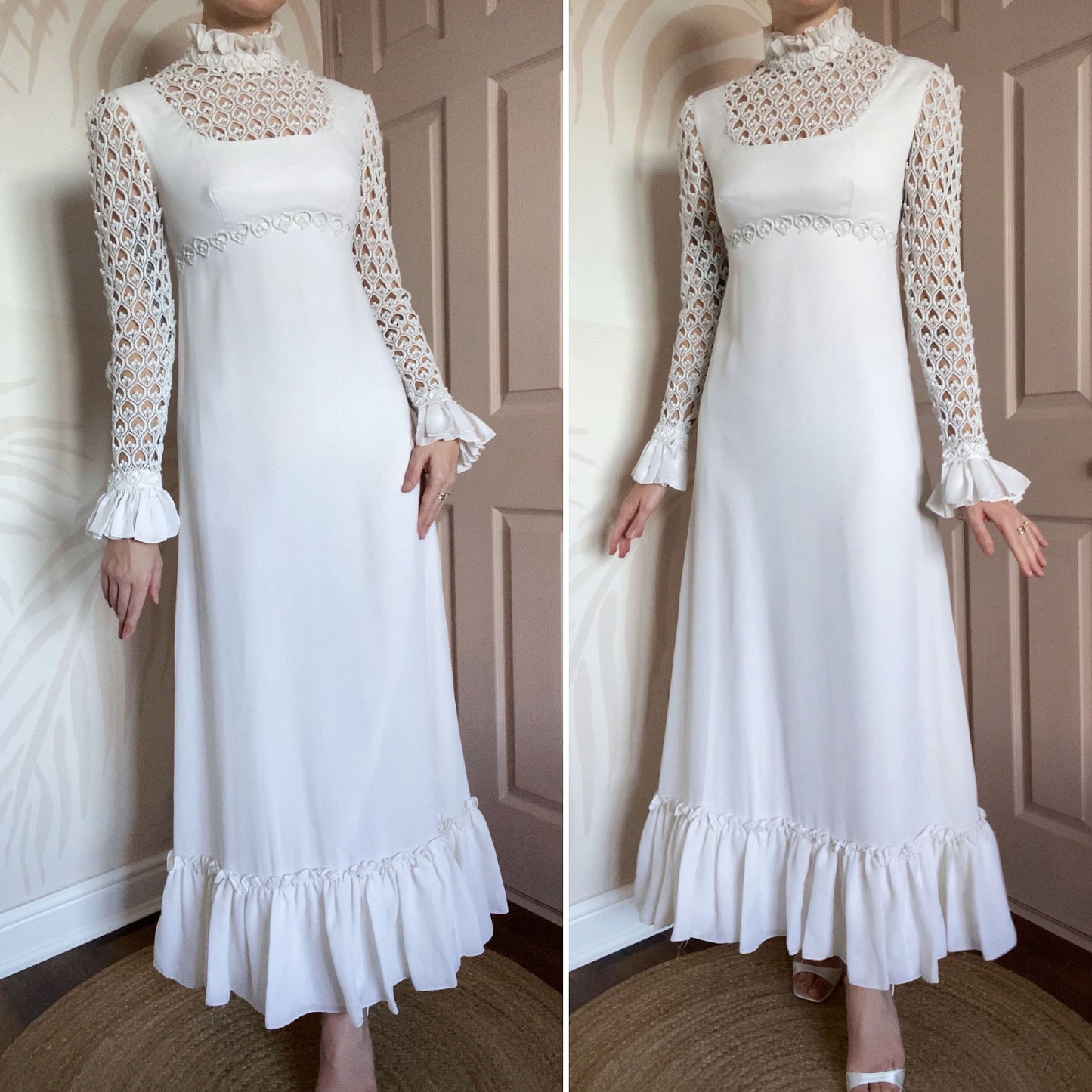 70s long sleeve crochet wedding dress UK 10