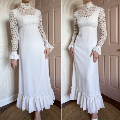 70s long sleeve crochet wedding dress UK 10