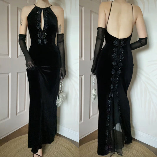 Black velvet Dave & Johnny 90s evening dress UK 12