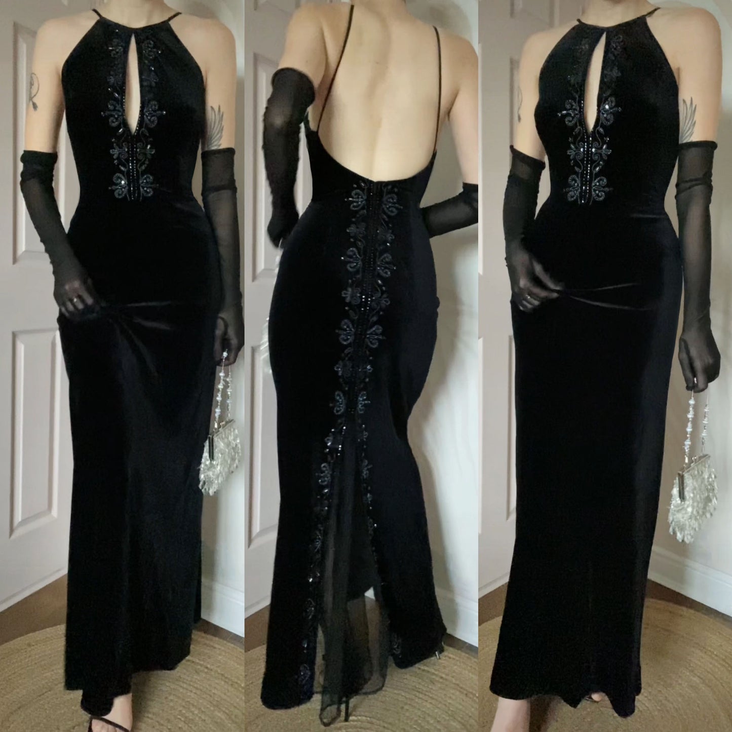 Black velvet Dave & Johnny 90s evening dress UK 12