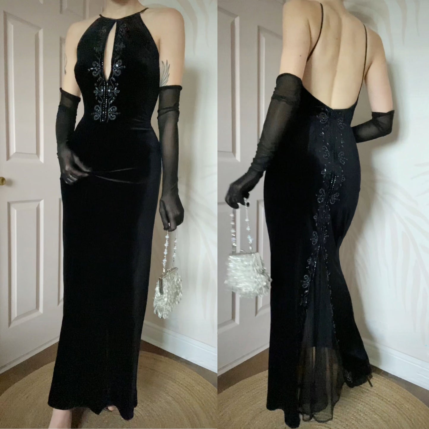 Black velvet Dave & Johnny 90s evening dress UK 12