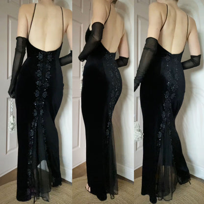 Black velvet Dave & Johnny 90s evening dress UK 12