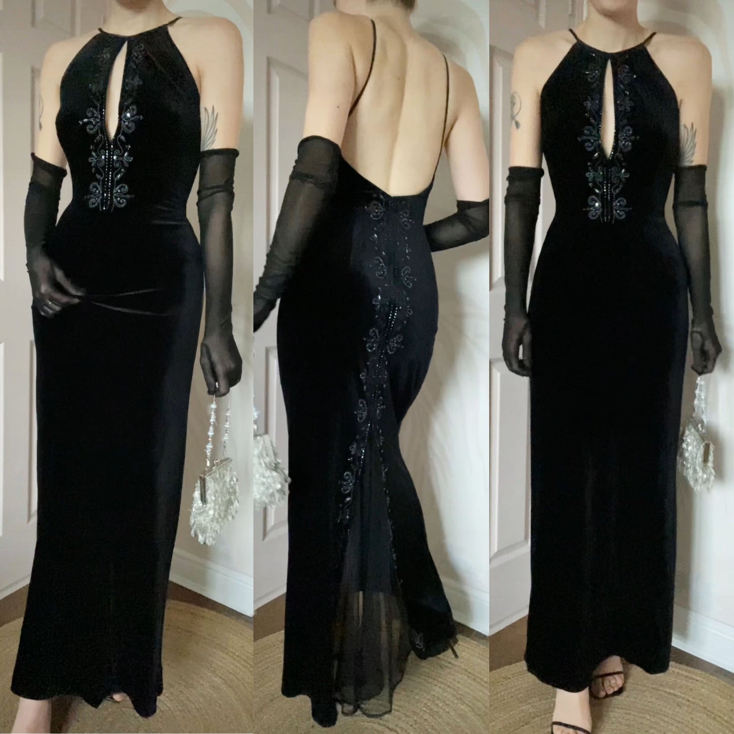 Black velvet Dave & Johnny 90s evening dress UK 12