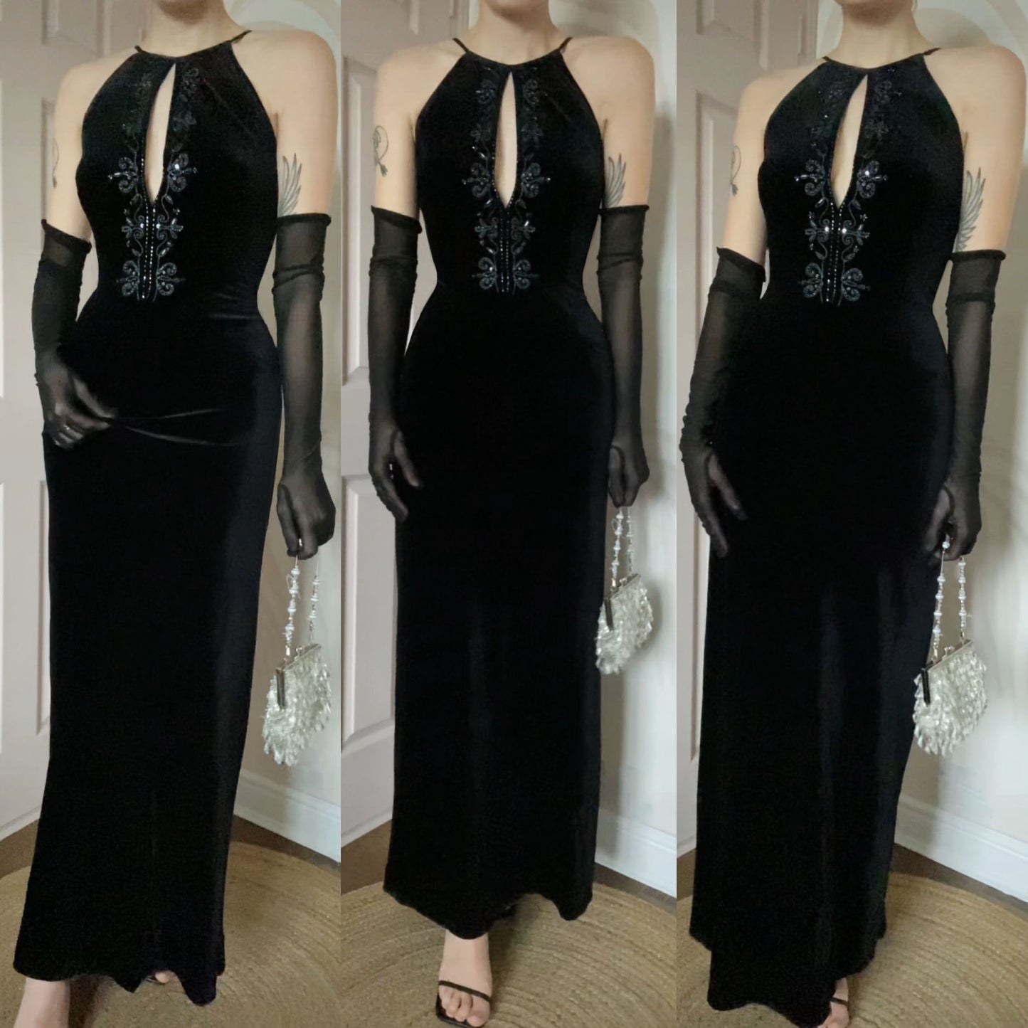 Black velvet Dave & Johnny 90s evening dress UK 12