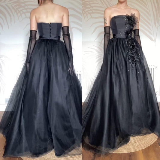 Vintage black Hilary Morgan A-line strapless ball gown prom dress UK 6/8